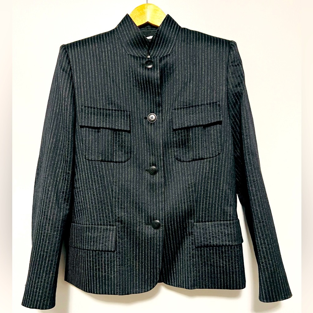 MaxMara Black and Gray Pinstripe Wool Blazer/Jacket.